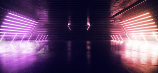 Smoke Fog Neon Glowing Laser Orange Purple Beams Pillars Concrete Grunge Tiled Floor Alien Spaceship Cyber Tunnel Corridor Dark NIght Warehouse 3D Rendering