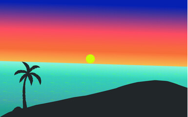 Beautiful sunset beach with palm trees sea view vector design