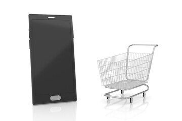 Shopping cart and mobile phone. 3D rendering.