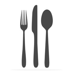 Black silhouette of fork, knife and spoon vector icon set. cutlery isolated on a white background