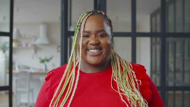 Portrait of charming overweight african woman with stylish afro braids looking at camera with friendly radiant smile indoors, expressing positivity, happiness and cheerful mood.