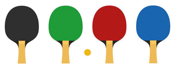 A set of rackets for playing table tennis. Red, black, green and blue. Isolated on a white background. vector illustration