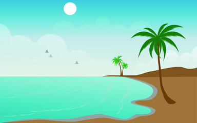 Fototapeta na wymiar beautiful view of sandy beach and a palm tree and blueish sunrise background 