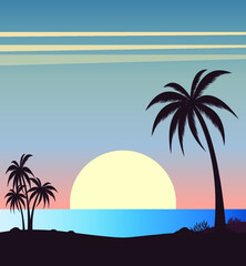 beautiful view of sandy beach and a palm tree and blueish sunrise background 