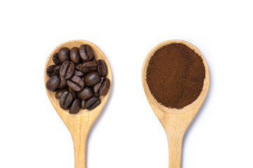 Closeup roasted coffee bean, instant finely coffe dust powder in wooden spoon isolated on white background. Top view. Flat lay.