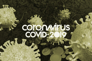 Background concept for news about the novel coronavirus COVID-19 pandemic. Microscope virus and lettering close up, 3d rendering.