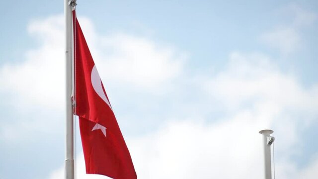 Turkish flag waving on flagpole with blue sky and clouds background. HD video without sound.