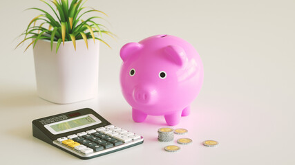 Electronics calculator and picky bank and coins on white background for business concept