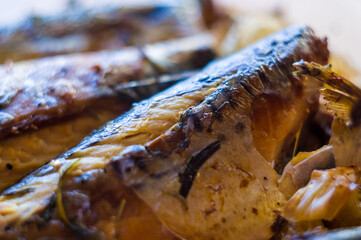 Mackerel baked in the oven, home dish, close-up