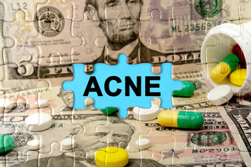 Double exposure. Puzzles depicting pills and dollars with the inscription -ACNE