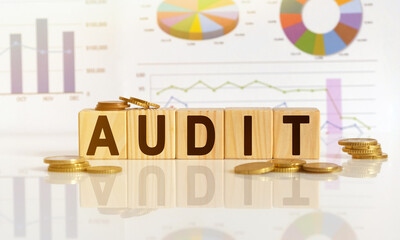 Audit the word on wooden cubes, cubes stand on a reflective surface, in the background is a business diagram.