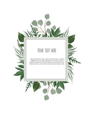 Obraz premium Vector floral design card. Greeting, postcard wedding invite template. Elegant frame with green leaves