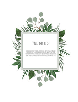 Vector floral design card. Greeting, postcard wedding invite template. Elegant frame with green leaves