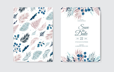 Botanical wedding invitation card template design, white and blue and pink leaves on white background.