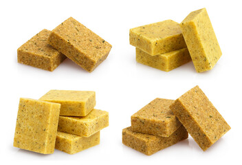 Collection of delicious bouillon cubes, isolated on white background