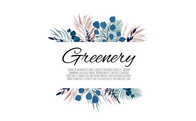Horisontal botanical vector design banner. Eucalyptus, succulents, flowers, greenery. Natural spring card or frame.