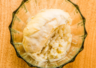 Durian with sticky rice in bowl, Thai famous dessert