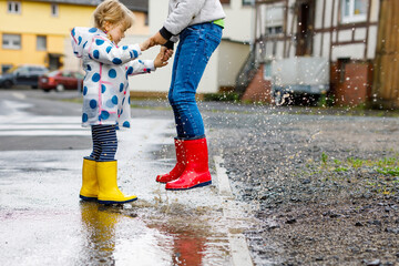 Close-up of two children, toddler girl and kid boy wearing red and yellow rain boots, walking...