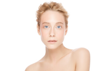 Skin care treatment or cosmetic ads concept. Beauty woman face with blue eyes and blond hair...