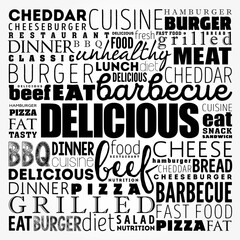 DELICIOUS word cloud collage, fast food concept background