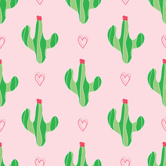 Cute seamless pattern with cactus and hearts on pink background