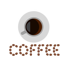 Top view of hot coffee and word coffee made from coffee beans.Vector illustration.