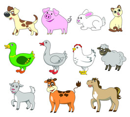 Set of cartoon farm animals in flat style. Cute animals collection. Dog, pig, rabbit, cat, duck, goose, hen, sheep, goat, cow and horse. Isolated on white background