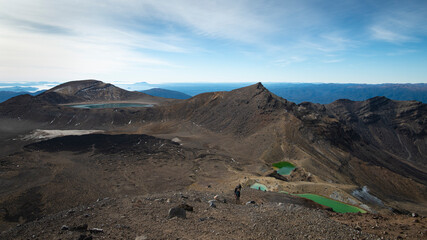 Panoramic view of Emerald lakes and Blue lake from the Red Crater on the Tongariro Alpine Crossing in New Zealand