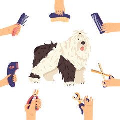 Bobtail and groomers hands with grooming tools around. Fun long fur dog breed flat vector illustration. For pet care salon, shops, landing, banners, promo poster, sticker, social network