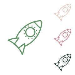 Rocket sign. Russian green icon with small jungle green, puce and desert sand ones on white background. Illustration.