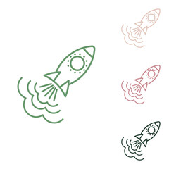 Rocket sign. Russian green icon with small jungle green, puce and desert sand ones on white background. Illustration.