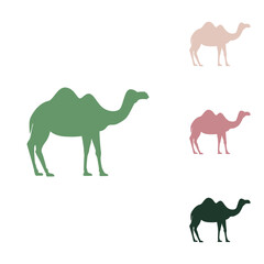 Camel silhouette sign. Russian green icon with small jungle green, puce and desert sand ones on white background. Illustration.