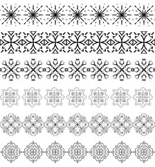 Design elements and page decoration. Vector set of monochrome Geometric black seamless horizontal border brush.