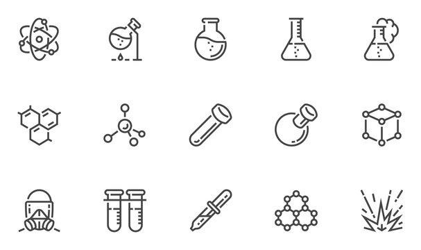 Chemistry Vector Line Icons Set. laboratory, Flask, Experiment, Research, Scientific Equipment. Perfect pixel icons, such can be scaled to 24, 48, 96 pixels.