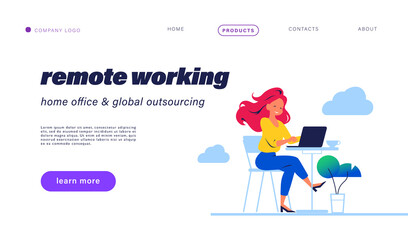 Landing page design with young beautiful girl & laptop at coffee table remote working. Home office, freelance worker, online communication concept. Vector flat illustration. For web page, mobile app.