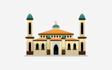 Mosque vector illustration with dome and tower. Islamic building and landmark. Eid Mubarak.