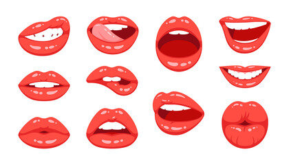 Red female lips collection. Vector illustration of sexy woman's lips. Smile, kiss. Isolated on white background.