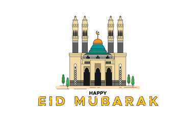 Modern mosque building vector illustration in flat style. Islamic building landmark. Happy Eid Mubarak greeting text.