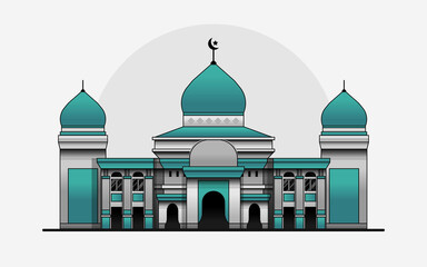 Grand mosque building vector illustration. Islamic architecture for praying. Mosque with three domes.