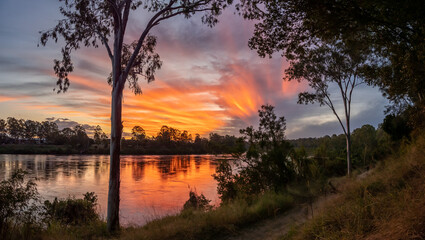 Panoramic River Sunset with Reflections