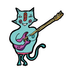 Cute cat playing a guitar. Cartoon style. Doodle vector smiling character. Pet with electroguitar for your postcard, stamp, logo.