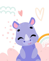 Poster with cute animal. Rhinoceros Cartoon character. Vector illustration for t-shirt prints, greeting cards, posters, room decor