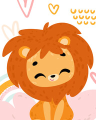 Poster with cute animal. Lion. Cartoon character. Vector illustration for t-shirt prints, greeting cards, posters, room decor