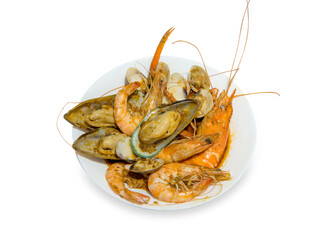 Fried shrimps with sweet sauce in oil and garlic together with soy sauce on white isolated.