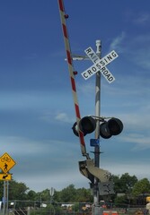Railroad crossing sign in a downtown area, .Pedestrian signs are also seen in the image.
