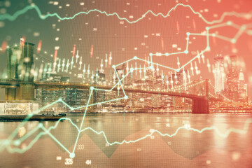 Financial chart on city scape with tall buildings background multi exposure. Analysis concept.
