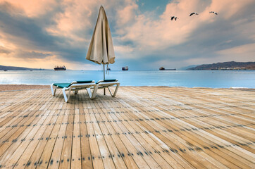 Morning and relaxing atmosphere on public beach of the Red Sea, Middle East 