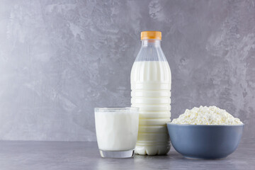 Various dairy products. Healthy dairy products on a gray background. Milk and cottage cheese. Copy space