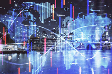 Fototapeta premium Double exposure of business theme hologram drawing and city veiw background. Concept of success.