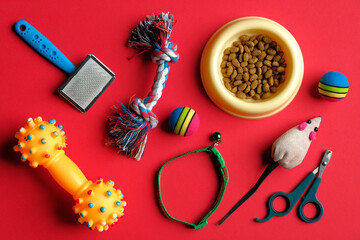 Different pet care accessories and bowl of dry food on red background. Top view, flat lay.